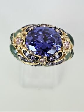 Rare Yellow Gold Vermeil Tanzanite, Pink Sapphires & Enamel Dragonfly Ring Sz 8!